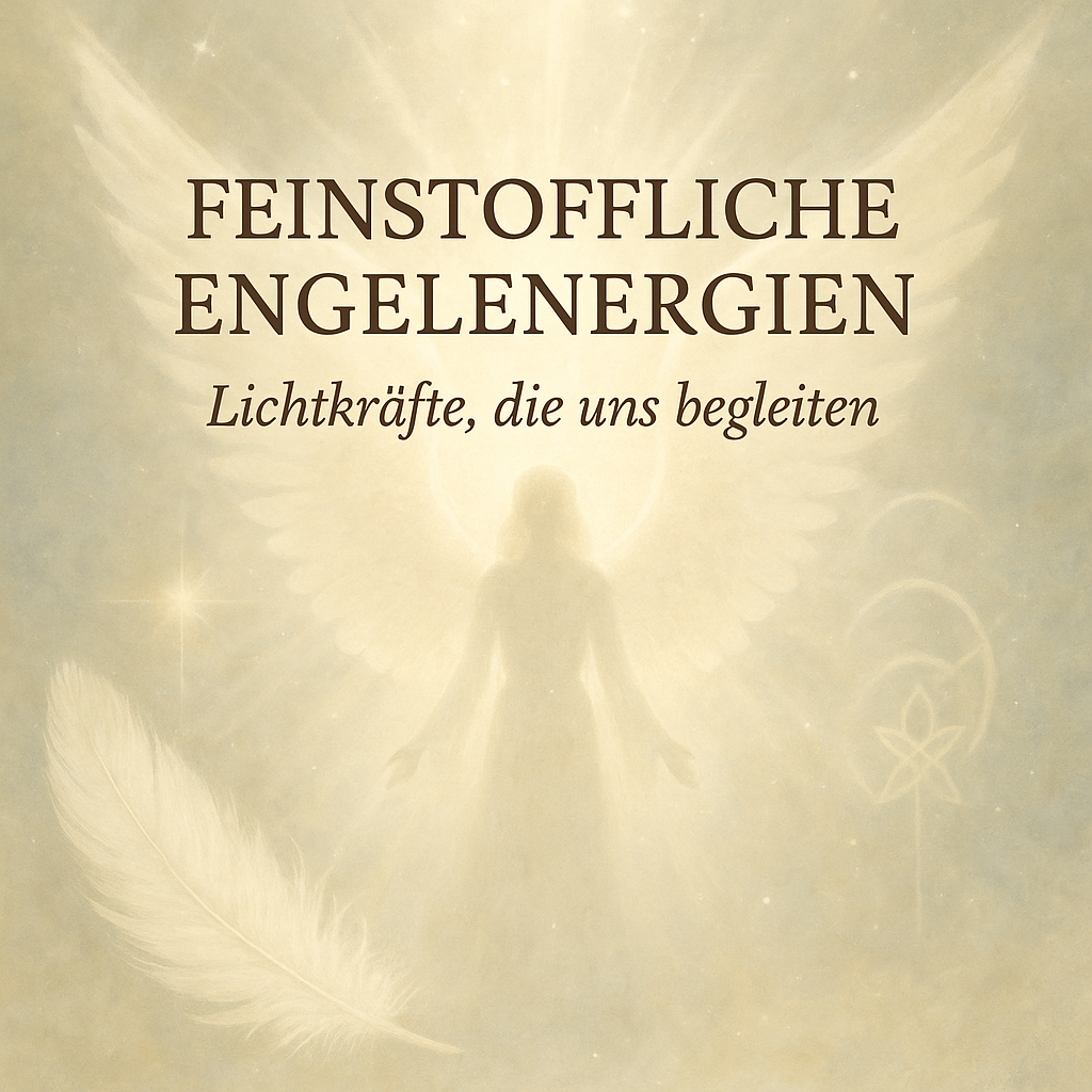 Grafik mit dem Text 'Feinstoffliche Engelenergien' und einer Lichtfigur im Hintergrund.