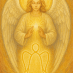 Engel mit goldenen Flügeln und leuchtendem Herzen, umgeben von einem goldenen Lichtkreis.