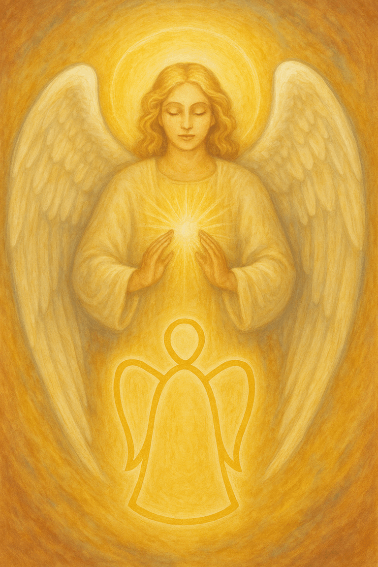 Engel mit goldenen Flügeln und leuchtendem Herzen, umgeben von einem goldenen Lichtkreis.