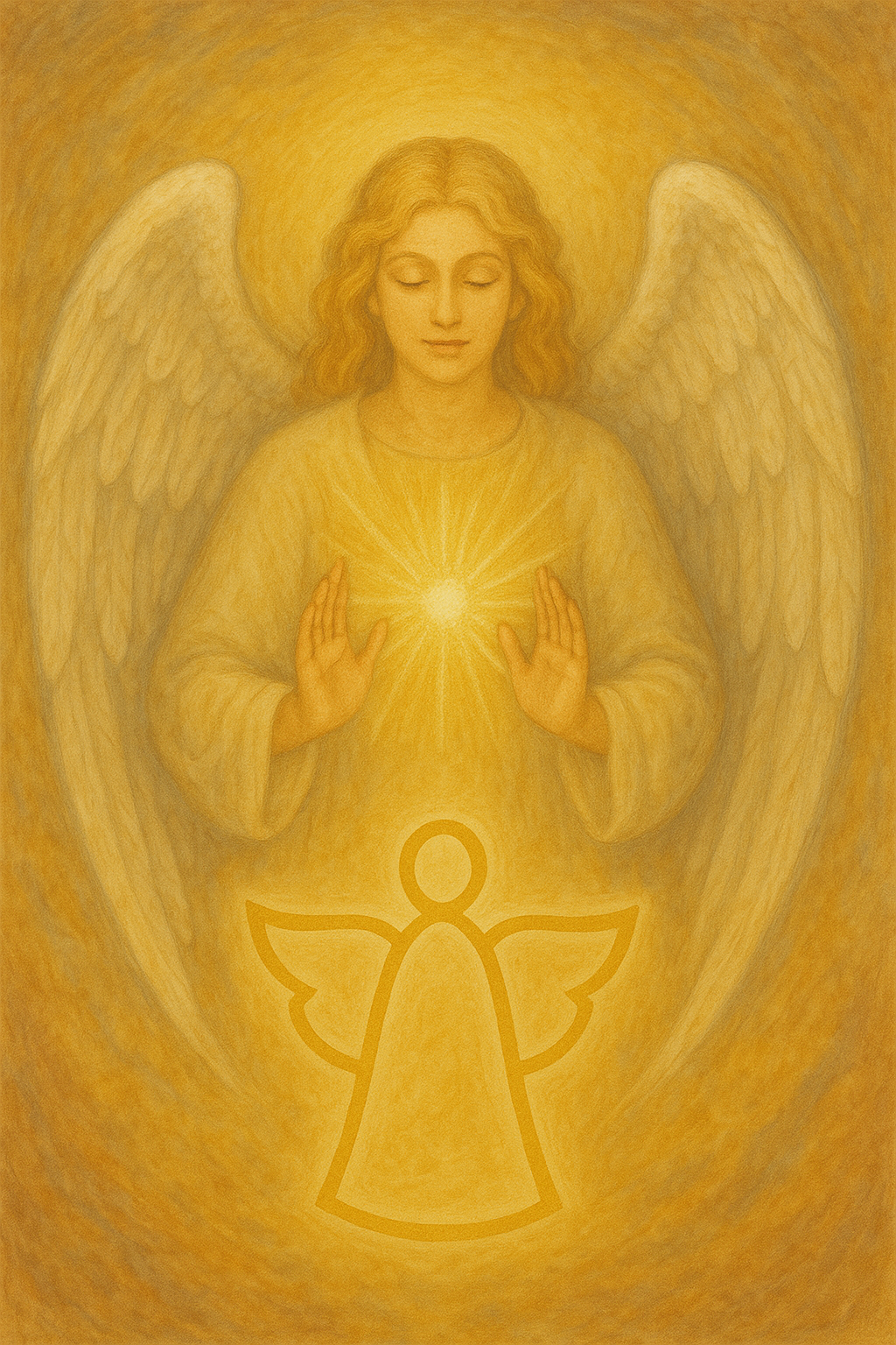 Ein Engel mit goldenen Flügeln und leuchtendem Herzen, umgeben von einem sanften, gelben Hintergrund.