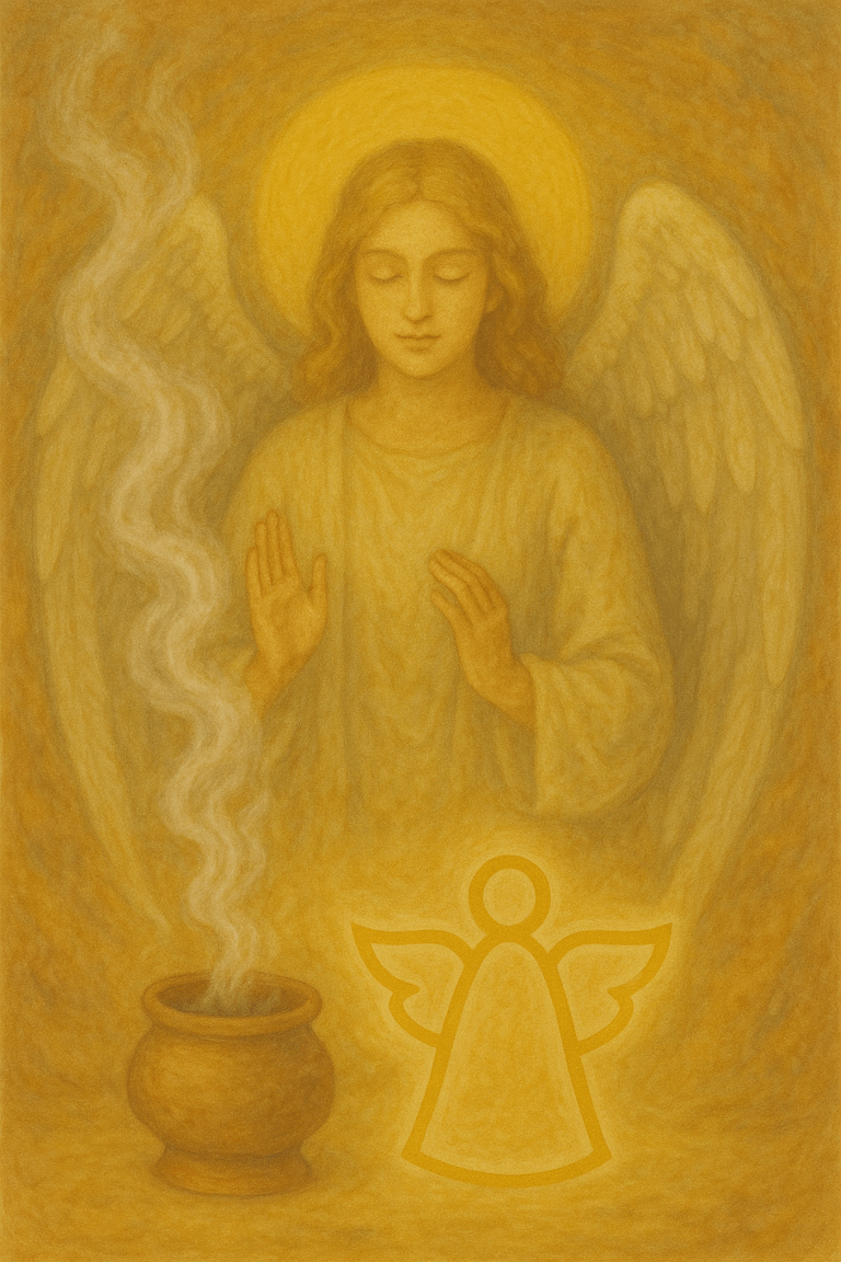 Ein Engel mit goldener Aura, der seine Hände hebt, während Rauch aus einem Topf aufsteigt.