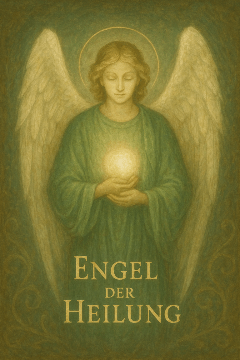 Illustration eines Engels mit Flügeln, der eine leuchtende Kugel in den Händen hält.