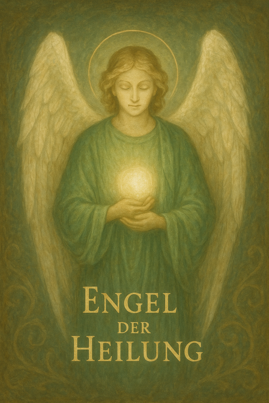Illustration eines Engels mit Flügeln, der eine leuchtende Kugel in den Händen hält.