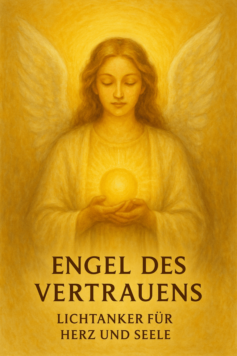 Gemälde eines Engels mit Flügeln, der eine Lichtkugel in den Händen hält, vor goldenem Hintergrund.