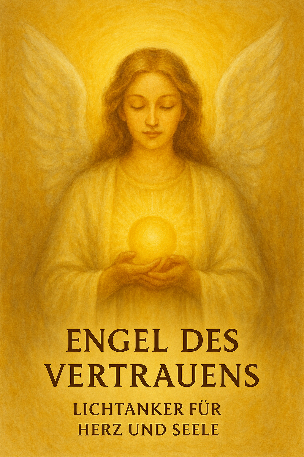 Gemälde eines Engels mit Flügeln, der eine Lichtkugel in den Händen hält, vor goldenem Hintergrund.