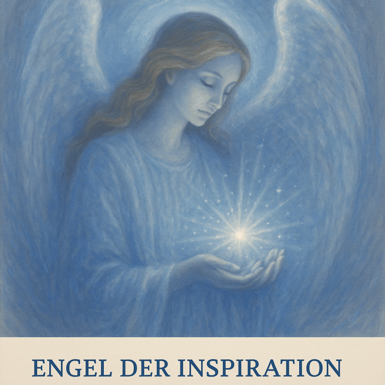 Ein Engel mit sanften Zügen, der Lichtstrahlen in den Händen hält, vor einem blauen Hintergrund.