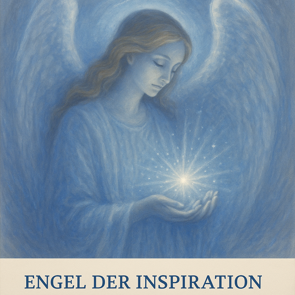 Ein Engel mit sanften Zügen, der Lichtstrahlen in den Händen hält, vor einem blauen Hintergrund.