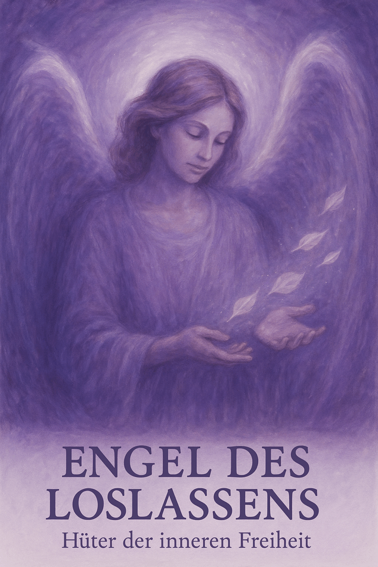 Illustration eines Engels mit ausgebreiteten Händen, umgeben von lila Farbtönen.