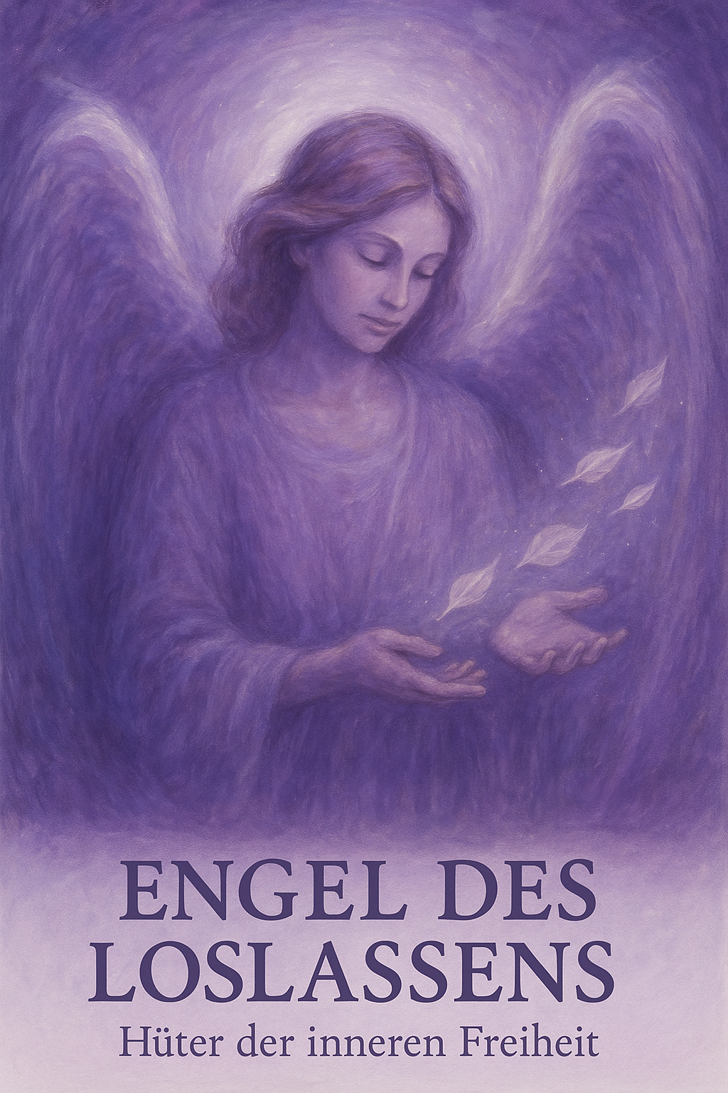 Illustration eines Engels mit ausgebreiteten Händen, umgeben von lila Farbtönen.