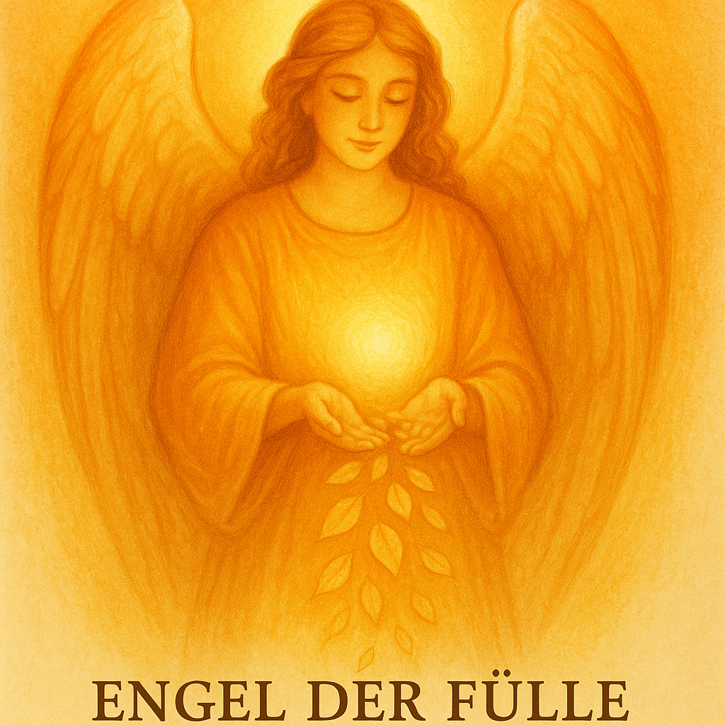 Illustration eines Engels mit goldenen Flügeln, der eine leuchtende Kugel in den Händen hält.