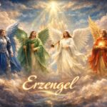 Vier Erzengel in einem himmlischen Setting, umgeben von Wolken und Lichtstrahlen.