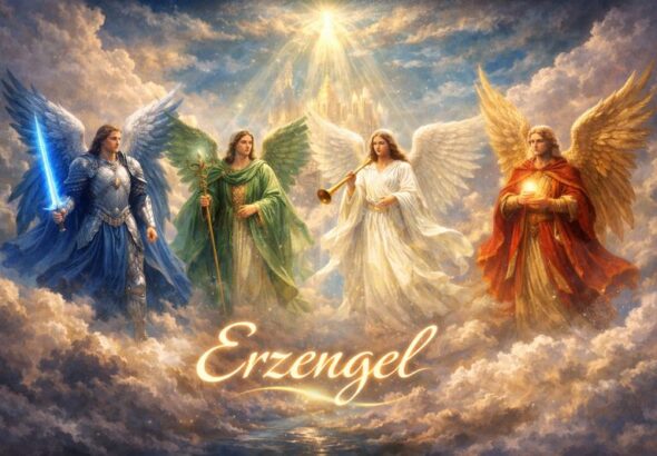 Vier Erzengel in einem himmlischen Setting, umgeben von Wolken und Lichtstrahlen.