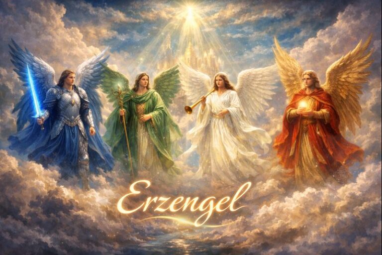 Vier Erzengel in einem himmlischen Setting, umgeben von Wolken und Lichtstrahlen.