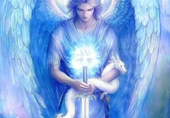 Engel mit blauen Flügeln, der ein Schwert hält und einen weißen Drachen umarmt.