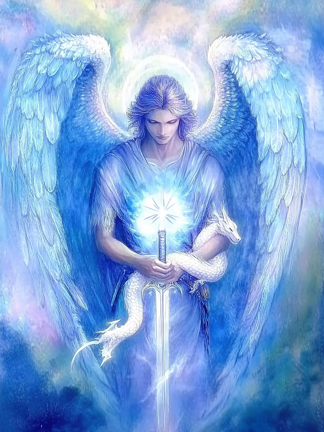 Engel mit blauen Flügeln, der ein Schwert hält und einen weißen Drachen umarmt.
